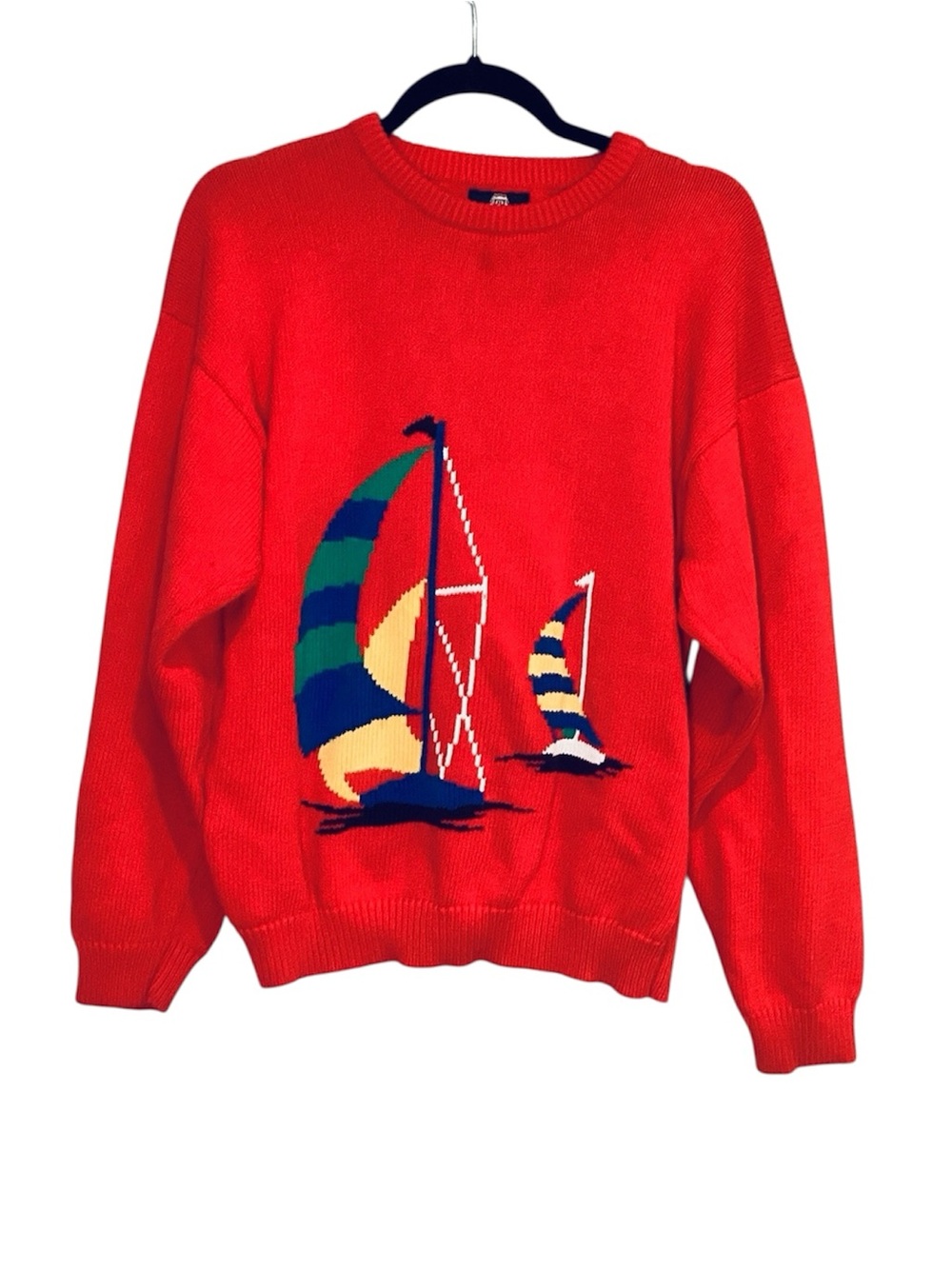 🍄 H. Halpern Esq. Crewneck Sweater with Sailboat Intarsia, Size Large